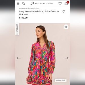 Adrianna Papell Long Sleeve Retro Printed A Line Dress In Pink Mult Sz 8